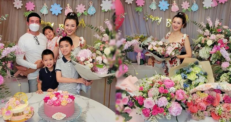 陳茵媺41歲生日，與丈夫陳豪及三個小朋友在家中慶祝。（陳茵媺Instagram圖片 / 明報製圖）