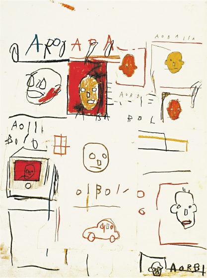 Jean-Michel Basquiat 其他作品：Untitled——作者：Jean-Michel Basquiat 創作年份：1981年 規格：油畫棒、拼貼、紙（61×45.5厘米） 特色：作者於貧民區從事塗鴉藝術起家，作品有如孩童對社區地圖的想像。（畫廊提供）