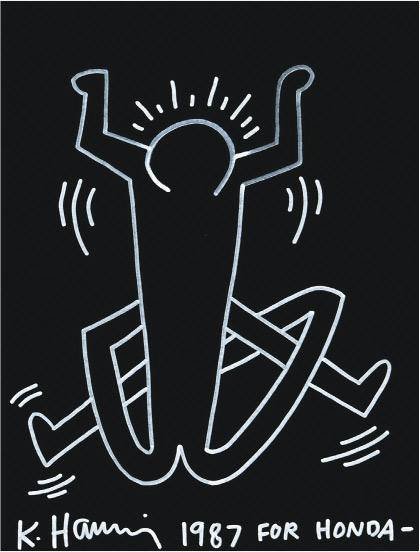 Keith Haring 作品：For Honda——作者：Keith Haring 創作年份：1987年 規格：白色筆、黑紙（62.5×48厘米） 特色：作品構圖簡單，但細心看其實意態複雜。主角雙腳纏繞在一起，或寓意腳長也未必跑得快。（畫廊提供）