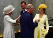 2017年7月，西班牙國王伉儷到訪英國，與英國查理斯王子伉儷（背對鏡頭）見面。（法新社）