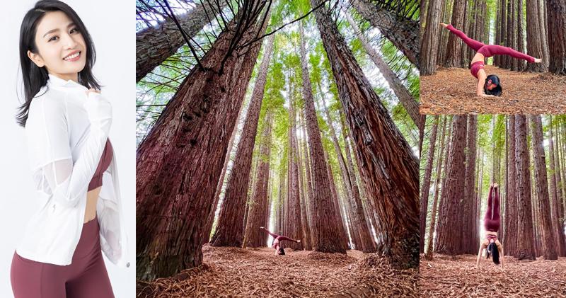 林芊妤身處澳洲Redwood Forest做瑜伽，畫面壯觀。（Ig圖片/明報製圖）