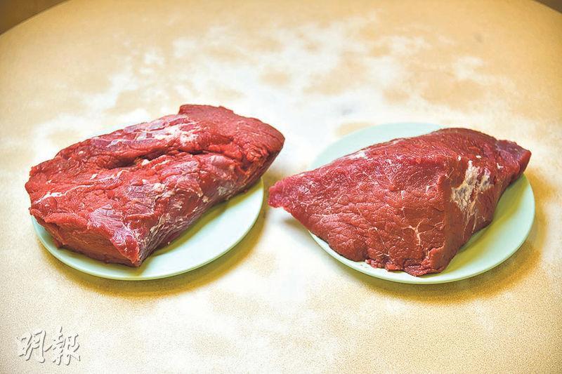 精瘦牛肉——人手將肉眼（左）及後腿肉（右）切去多餘脂肪後製作牛丸。（黃志東攝）