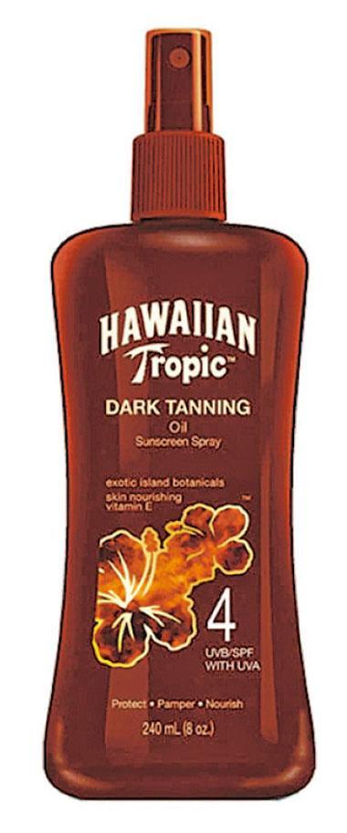 Hawaiian Tropic古銅助曬油SPF4：提供低度防曬保護（SPF4），據稱有助曬出古銅膚色。蘊含蘆薈及椰子油成分，聲稱備有高度滋潤及保護皮膚功效，減低因猛烈陽光造成皮膚乾燥缺水和脫皮現象。$129.9/240ml（from 屈臣氏）（品牌提供）