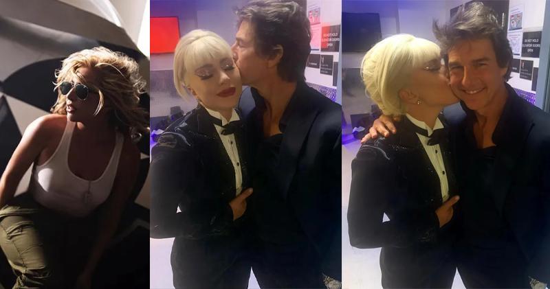 Lady Gaga唱《壯志凌雲：獨行俠》主題曲，又公開親吻湯告魯斯臉頰的合照。（網上圖片）