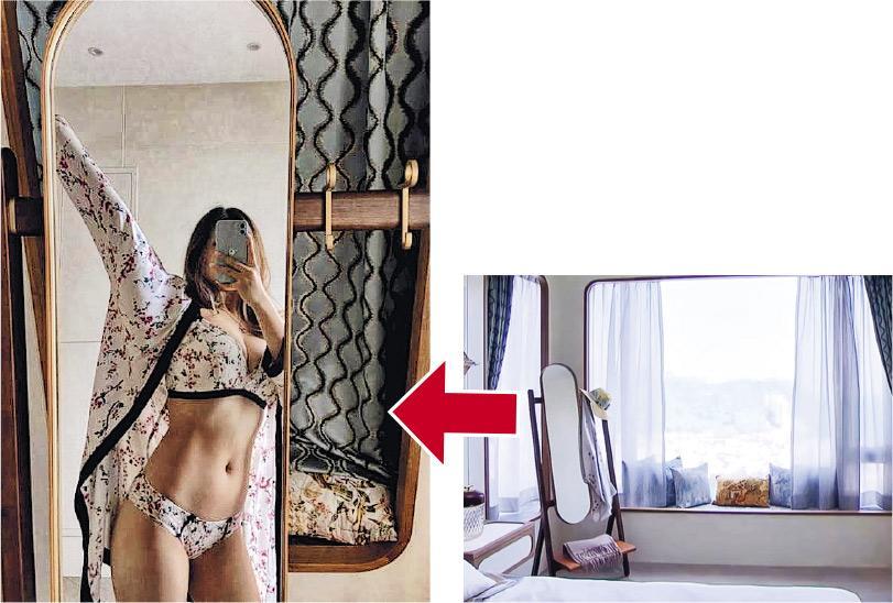 Christy曾在IG貼出的性感自拍照（左圖），被發現跟節目介紹主人房內的鏡子（右圖）十分相似。
