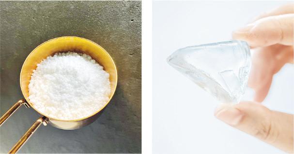 艾素糖——艾素糖原是白色顆粒（左圖），經高溫煮後變成通透的糖膠。Clemen把糖膠倒模冷卻（右圖），就能帶住它們四圍去拉糖，使用時再用60℃至80℃溫度回復可塑形的狀態。（受訪者提供/蘇智鑫攝）