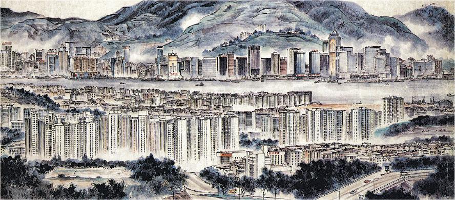 港九景致——圖為《千呎香江圖卷》中畫有「五台山」一帶、九龍城及灣仔景致的部分。（受訪者提供）