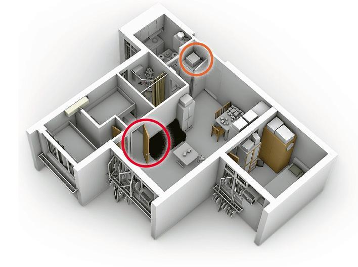 圖五：圖為海盈邨大單位的立體模型。其中一間細房空間太窄，房門只好向外拉（紅圈示）；由於配電箱所限，雪櫃不能太高，屋主將微波爐放在雪櫃頂善用空間（橙圈示）。（受訪者提供）
