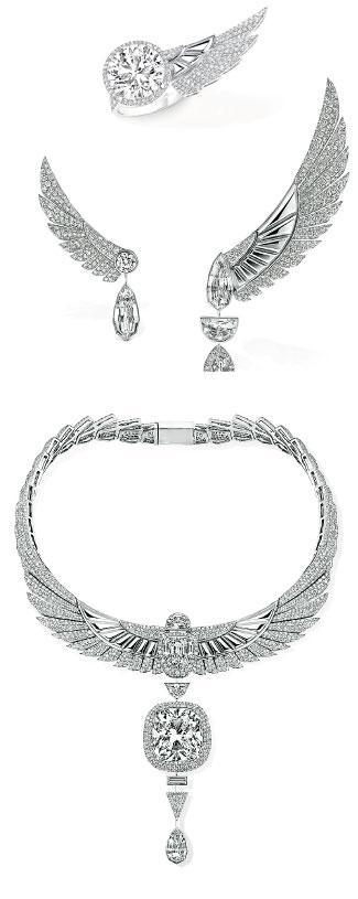 Akh-Ba-Ka套裝——Beyond the Light高級珠寶系列共有5套設計，其中Akh-Ba-Ka套裝分別由戒指、一雙不對稱耳環和美態懾人的頸鏈組成。（品牌提供）
