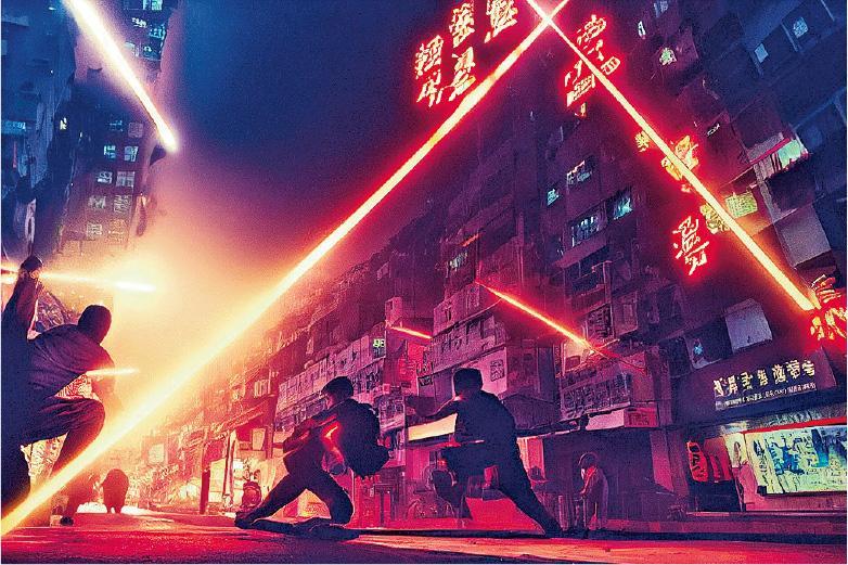 香港設計師協會副會長林偉文用Midjourney生成的圖像，英文提示是「香港動作片，兩人打鬥場景，動作序列」。背景是香港舊區，帶數碼龐克風格。