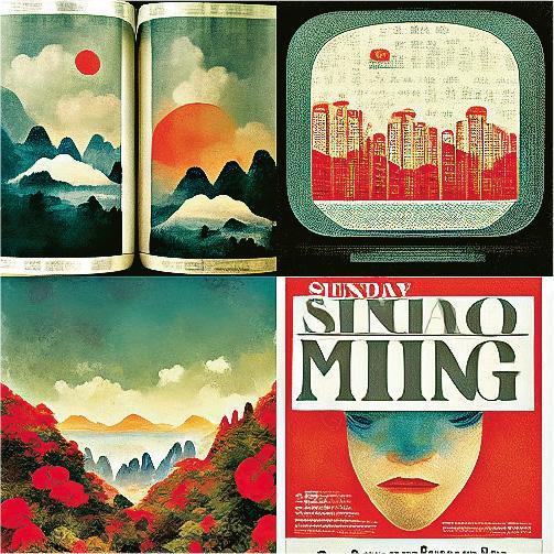 輸入「Sunday Ming Pao」後，Midjourney生成4張令人一頭霧水的繪圖，較具體的是太陽和雜誌刊物，AI可能知道《明報》是紙媒？