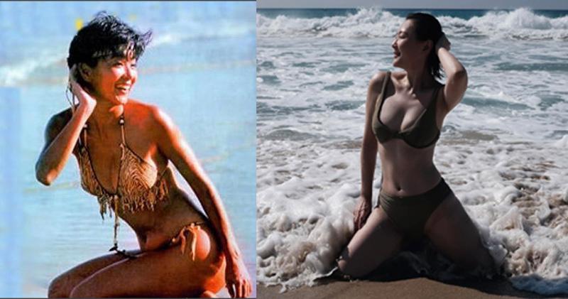 (左圖）當年秦漢為林青霞拍攝的泳裝照是經典，田蕊妮致敬也不遜色。（網上圖片 /明報製圖）