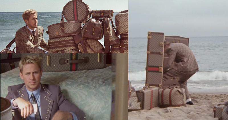 賴恩哥斯寧在廣告片段中走進巨大行李箱穿過神秘通道，十分魔幻。（網上圖片/視頻截圖）