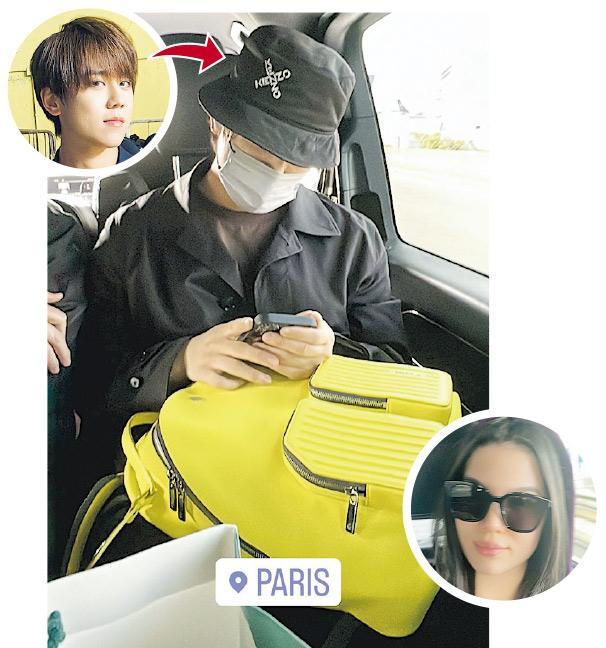 Angelina（圓圖）在社交網上載表哥姜濤抵巴黎在車廂玩手機的照片。（網上圖片）