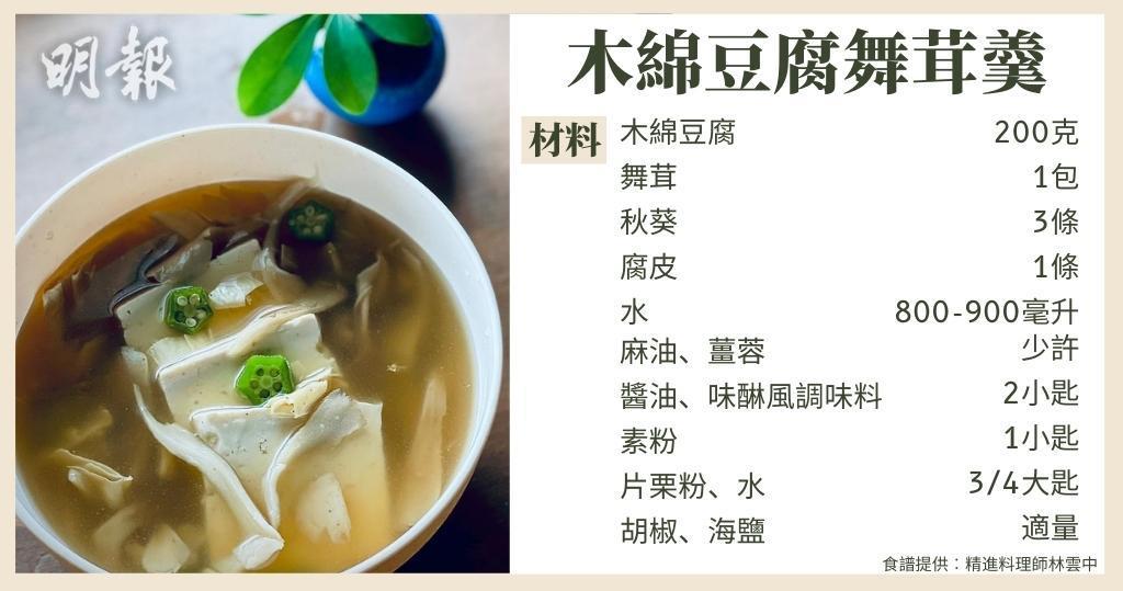 Green Monday食譜︰木綿豆腐舞茸羹（圖片由受訪者提供/明報製圖）