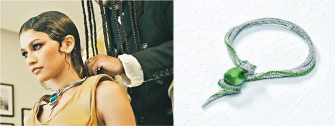 蛇身頸鏈——Zendaya曾佩戴的Serpenti Hypnotic Emerald頸鏈，當中鑲嵌一顆93.83卡的哥倫比亞蛋面形切割祖母綠，蜿蜒曲折的蛇身則鑲嵌珍貴的鑽石和祖母綠。（品牌提供）