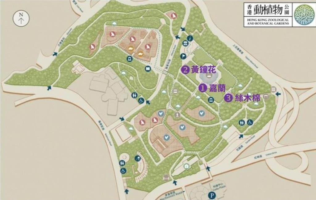 香港動植物公園十月開花植物位置（香港動植物公園網站圖片/明報製圖）