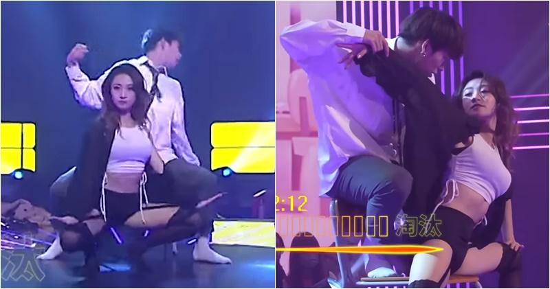 黃紫恩與劉展霆跳辣身舞有不少高難度動作。（無綫電視截圖/明報製圖）