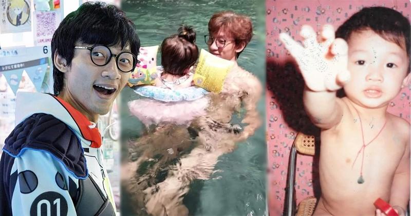 陳湛文在社交平台分享他小時候的上半身裸照及他和女兒的泳照「找數」，答謝觀眾對《飯戲攻心》的支持。（陳湛文Ig圖片 / 明報製圖）