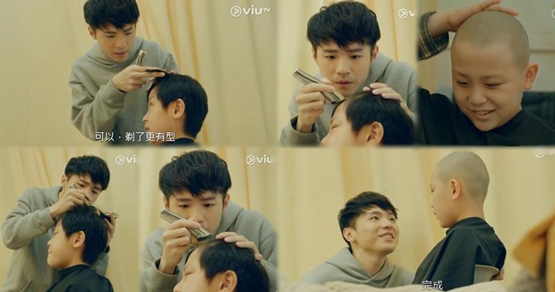 阿峰為令櫈仔不用再面對甩頭髮問題，親自為他剃頭髮。（ViuTV網上視頻截圖 / 明報製圖）