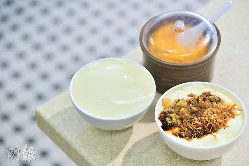 石磨豆腐花是珍香園招牌之一，左為加入黑白淡奶的奶露豆花（$14起），右為鹹香開胃的鹹豆花（$15起）。（黃志東攝）