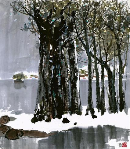 現代藝術家吳冠中作品《冬雪》，一反水墨畫以黑白為基調，大膽以彩色作畫。（藝文香港提供）