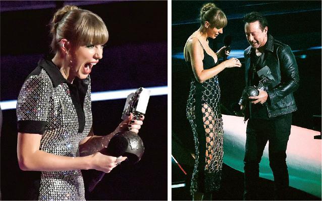 Taylor Swift連奪4獎十分興奮，並從約翰連儂兒子Julian（右圖右）手上接過最佳長篇MV殊榮。（法新社）