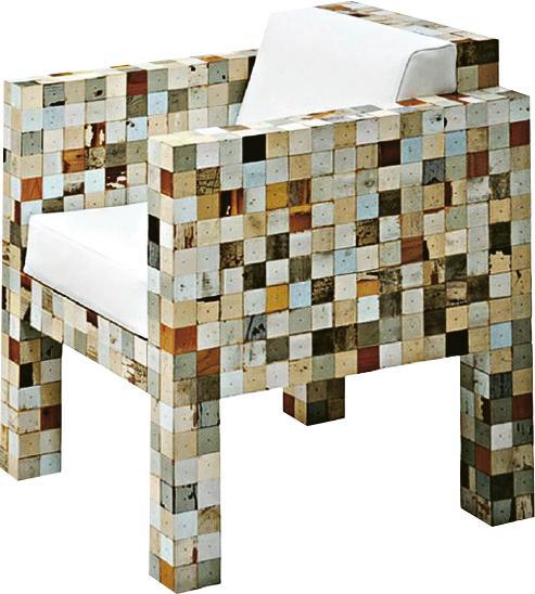 用盡木料--方塊椅的出現，由Piet Hein Eek轉念人力與物料間的價值關係而起，不浪費任何一塊細小木料。（受訪者提供）