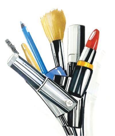 這幅化妝品圖正好利用了marker的特性，以流暢的筆觸和簡潔的色彩把內容表達出來。（繪圖︰Mr Liu）