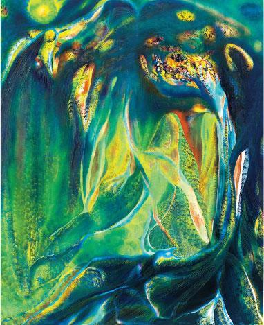 《愛心樹》——作者：Lucy Bull；創作年份：2019年；規格：油彩、麻布（152.4 x 122厘米）；估價：100萬至150萬港元；特色：作品的構圖和色彩運用大膽，令人聯想起科幻小說的封面。（拍賣行提供）