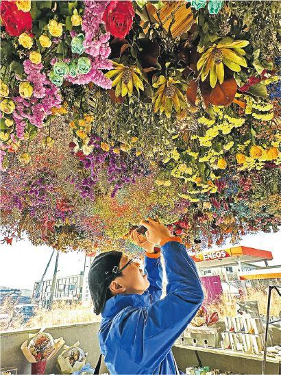 「西海園芸 花西海」溫室天花倒吊着密密麻麻色彩繽紛的乾花，大家都禁不住按下快門自拍。（Onki攝）