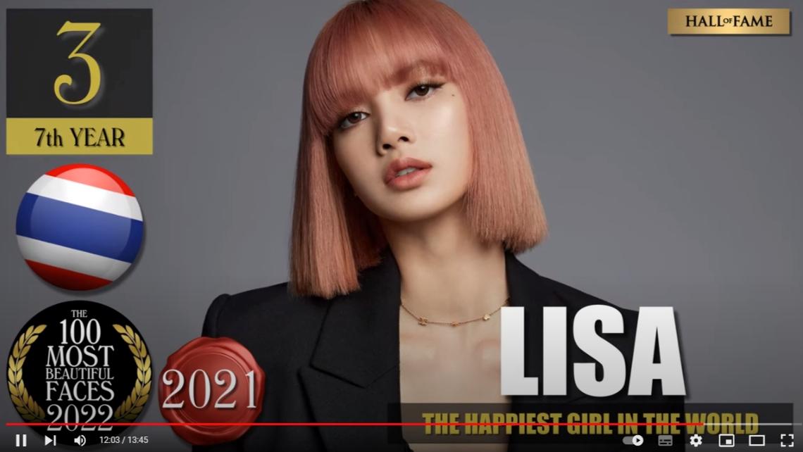 韓國女團Blackpink的泰籍成員Lisa，由去年榜首今年微跌兩級排第3。（YouTube截圖）