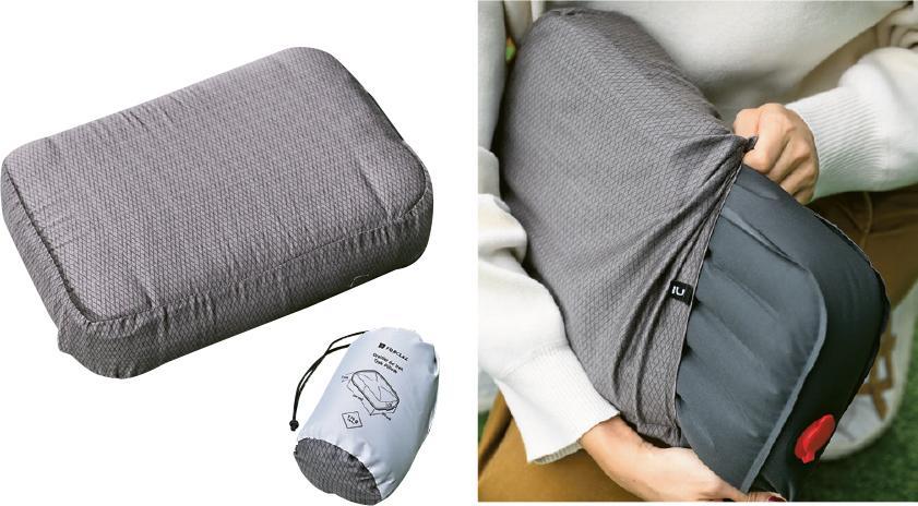 充氣式枕頭捲摺後只有一個拳頭大小，容易收藏，而可拆除外套的款式亦方便清洗。（蘇智鑫攝）