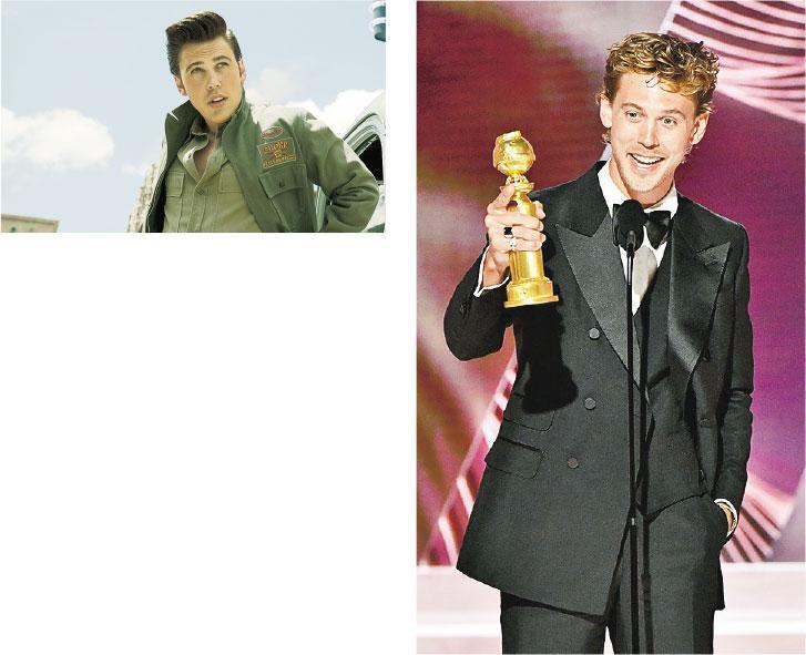 奧斯汀畢拿（右圖）在《貓王》（左圖）扮演傳奇歌手皮禮士利，首度贏得金球獎最佳男主角。（路透社）