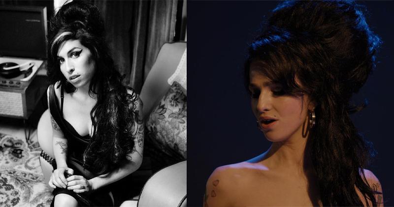 Amy Winehouse（左圖）的傳記片《Back to Black》主角造型（右圖），首度曝光。（網上圖片）