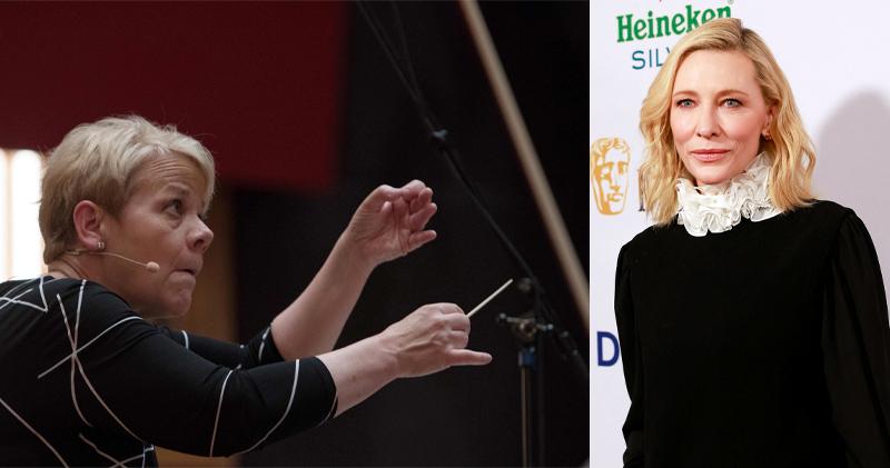昨日在洛杉磯出席BAFTA派對的姬蒂白蘭芝（右圖），回應了指揮家阿爾索普（左圖）對其新片《Tar》的批評。（法新社）