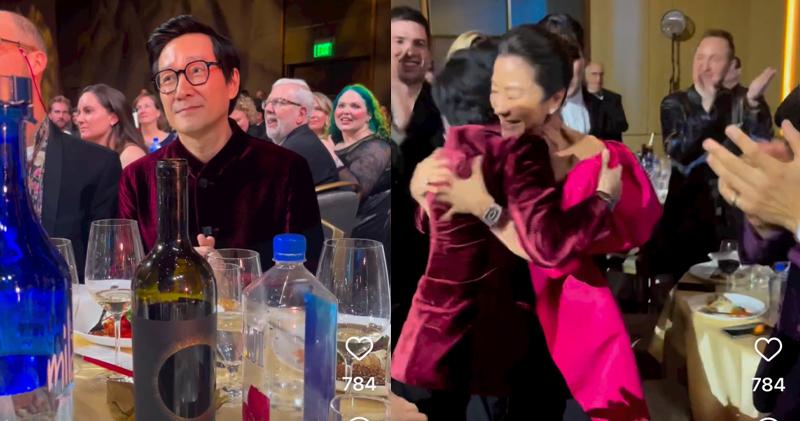 關繼威得悉獲獎後與片中飾演他太太的楊紫瓊擁抱。（視頻截圖）
