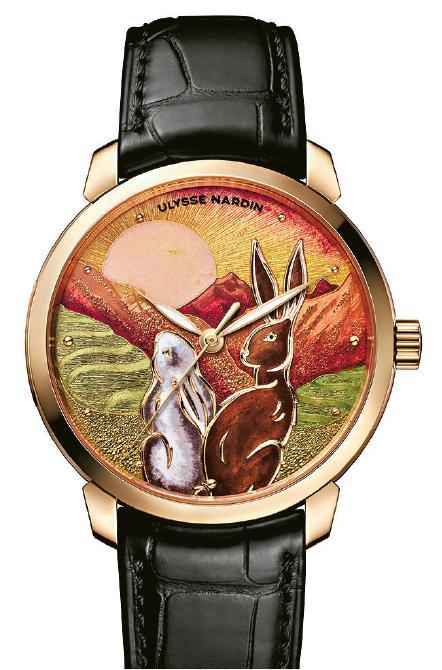 玫瑰金表殼--Ulysse Nardin靈兔生肖腕表用上直徑40毫米的拋光玫瑰金表殼，搭載UN-815自動上鏈機芯。$380,400（品牌提供）