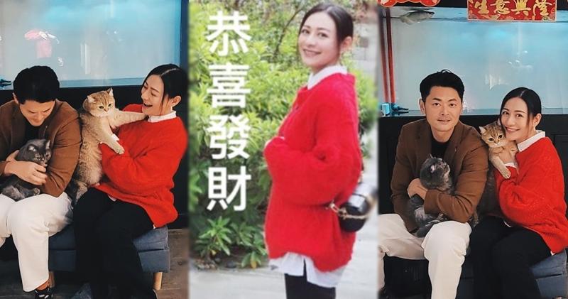 懷孕的江若琳腹部微隆，她跟老公蕭唯展及愛貓合照。（Ig圖片）