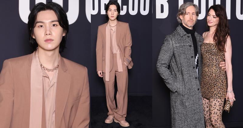 BTS成員Suga（左圖）及安妮夏菲維（右圖）跟丈夫現身Valentino巴黎的春夏時裝展。（Getty Images）