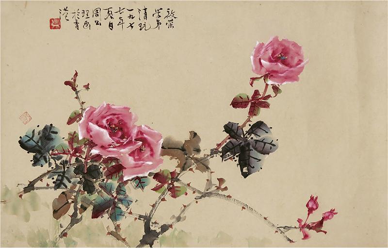 《玫瑰》--按畫中周公理所題，周公理在1977年夏日於香港畫下《玫瑰》，並贈梁啟榮。（主辦單位提供）
