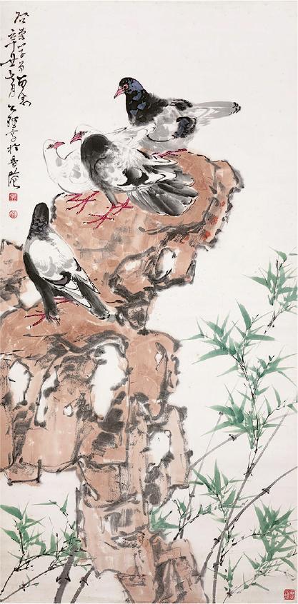 《群鴿》--按畫中周公理所題，周公理於1961年（辛丑）7月在香港畫下《群鴿》，並贈梁啟榮。（主辦單位提供）
