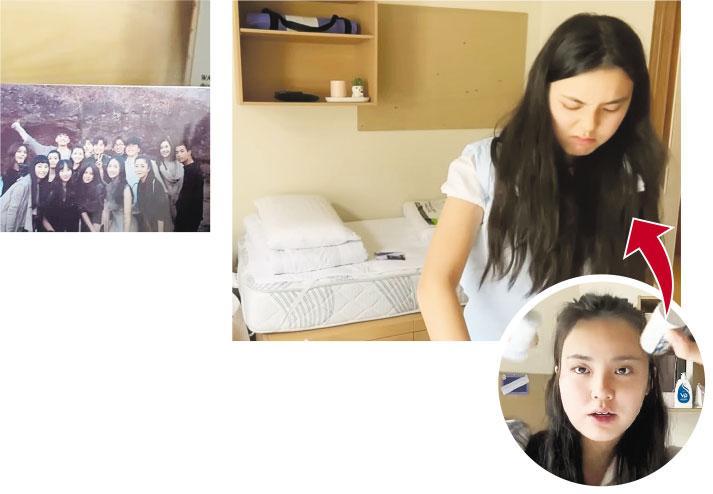 姚焯菲在宿舍拍片分享近况，房內放有跟《聲夢傳奇》好友的大合照（左圖）。（視頻截圖）