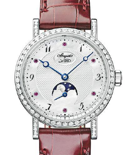 情人節特別版——Breguet今年首次推出情人節特別版Classique Phase de Lune 9085腕表，表盤飾有白色珍珠貝母和紅寶石。$267,800（品牌提供）