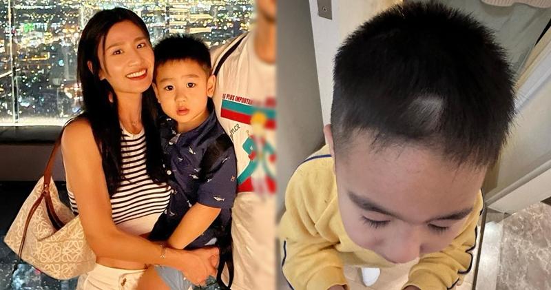 林芊妤在社交平台透露4歲兒子伯伯偷偷拿了她的眉剪自行剪頭髮。（林芊妤Ig圖片 / 明報製圖）