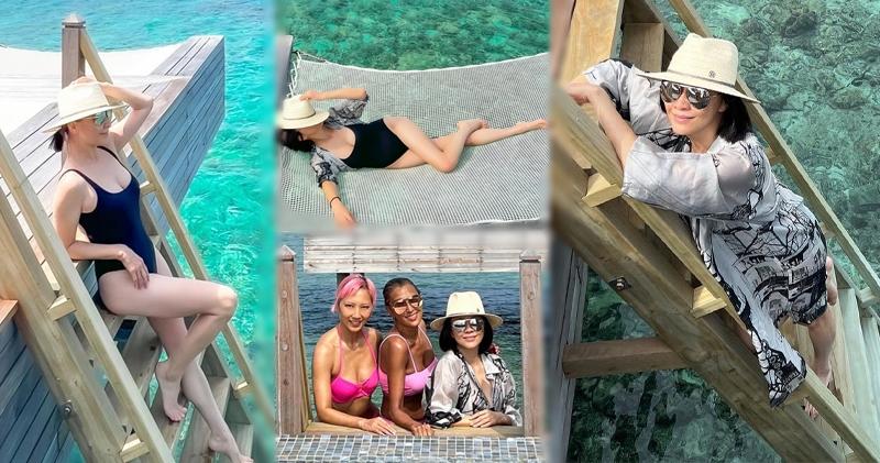 57歲劉嘉玲在社交平台分享在馬爾代夫度假的泳裝照。（劉嘉玲Ig圖片 / 明報製圖）