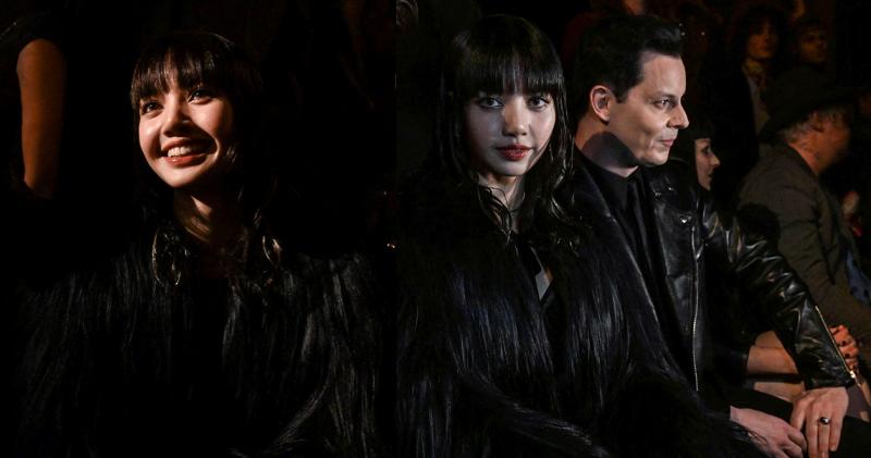 Blackpink成員Lisa到巴黎欣賞Celine的時裝騷，坐在美國男歌手Jack White（右）旁邊。（法新社）