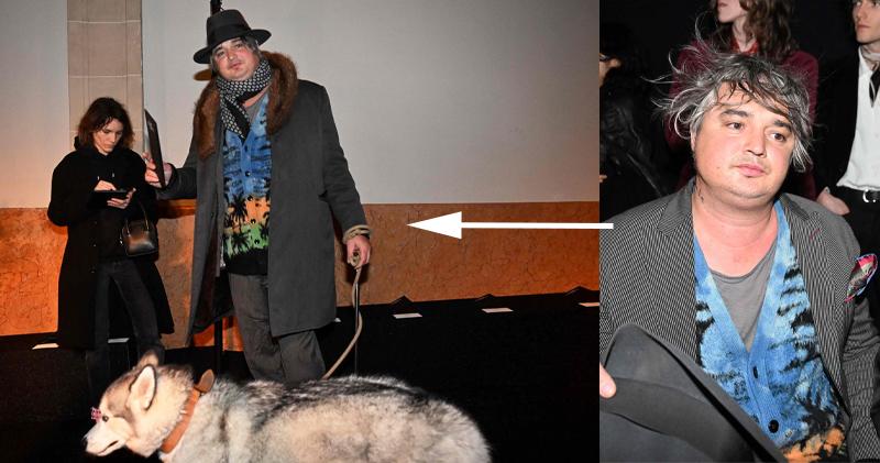 英國男歌手Pete Doherty近年長居法國，帶同愛犬到場睇騷，人到中年的他比前發福不少。（法新社）