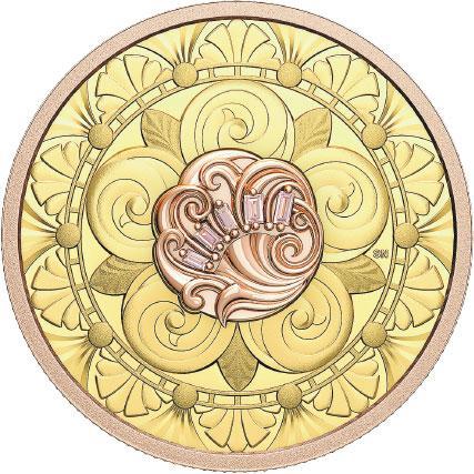 Opulence系列Treasure錢幣——價值：$82,000；特色：用1安士的99.99%純金鑄造。設計受裝飾藝術和建築概念啟發，背面有藝術圖案環繞中央櫻花，花瓣泛有漩渦。雕刻藝術裝飾共有5顆總重0.06卡的艷彩粉鑽，每顆以人手鑲嵌於鍍玫瑰金鉑金上，全球限量鑄造400枚（受訪者提供）