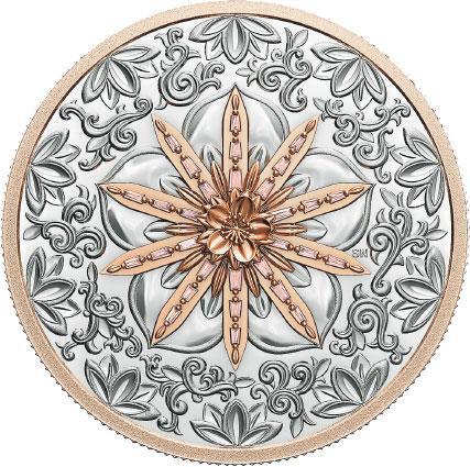 Opulence系列Grandeur錢幣——價值：$352,000；特色：用2安士的99.95%純鉑金鑄造。背面飾有精緻的櫻花作主體，四周環繞着茂盛的花朵和金銀絲藤蔓。選用30顆艷彩粉鑽（總重0.34卡）綴飾，手工鑲嵌於鍍玫瑰金鉑金上。稀有的鑽石光芒從花朵中心向鍍玫瑰金邊緣散射，全球限量鑄造30枚（受訪者提供）